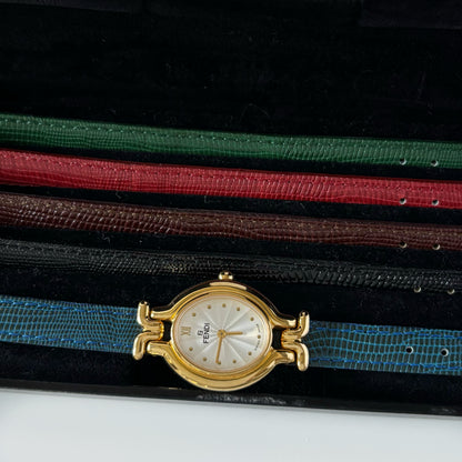 Fendi 1990s Interchangeable Strap Gold Plated Watch with 5 straps, case