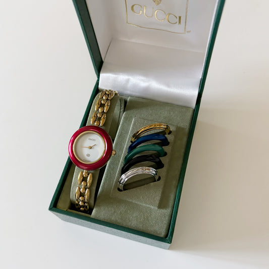 Gucci 1990s Interchangeable Bezel Gold Plated Watch with 6 bezels, case