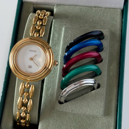 Gucci 1990s Interchangeable Bezel Gold Plated Watch with 6 bezels, case (165mm)