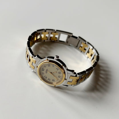 Hermes 1990s Clipper Date Round Dial Gold Plated Two Tone Watch