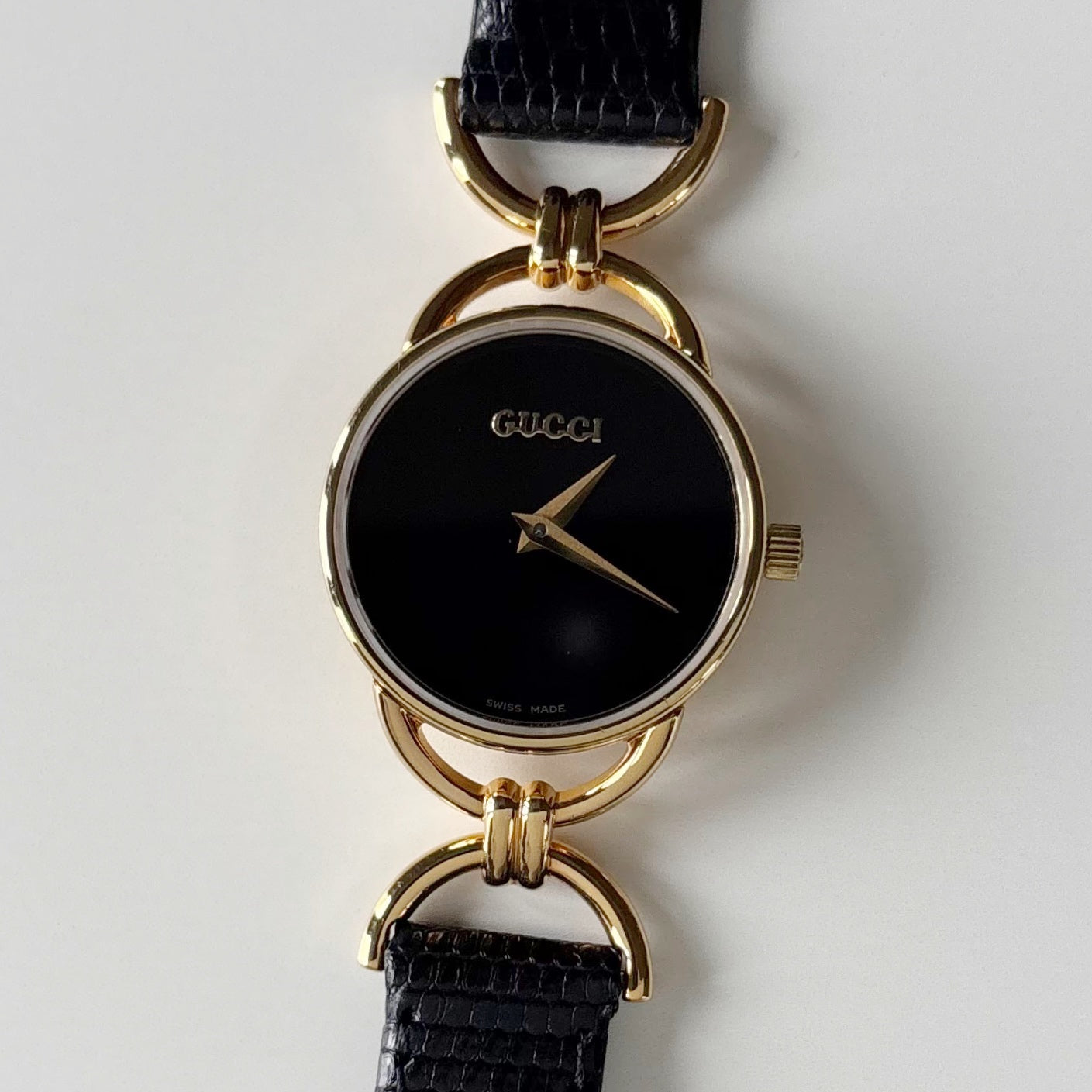 Gucci 1990s Black Dial Horsebit Gold Plated Watch