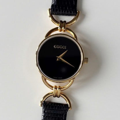 Gucci 1990s Black Dial Horsebit Gold Plated Watch