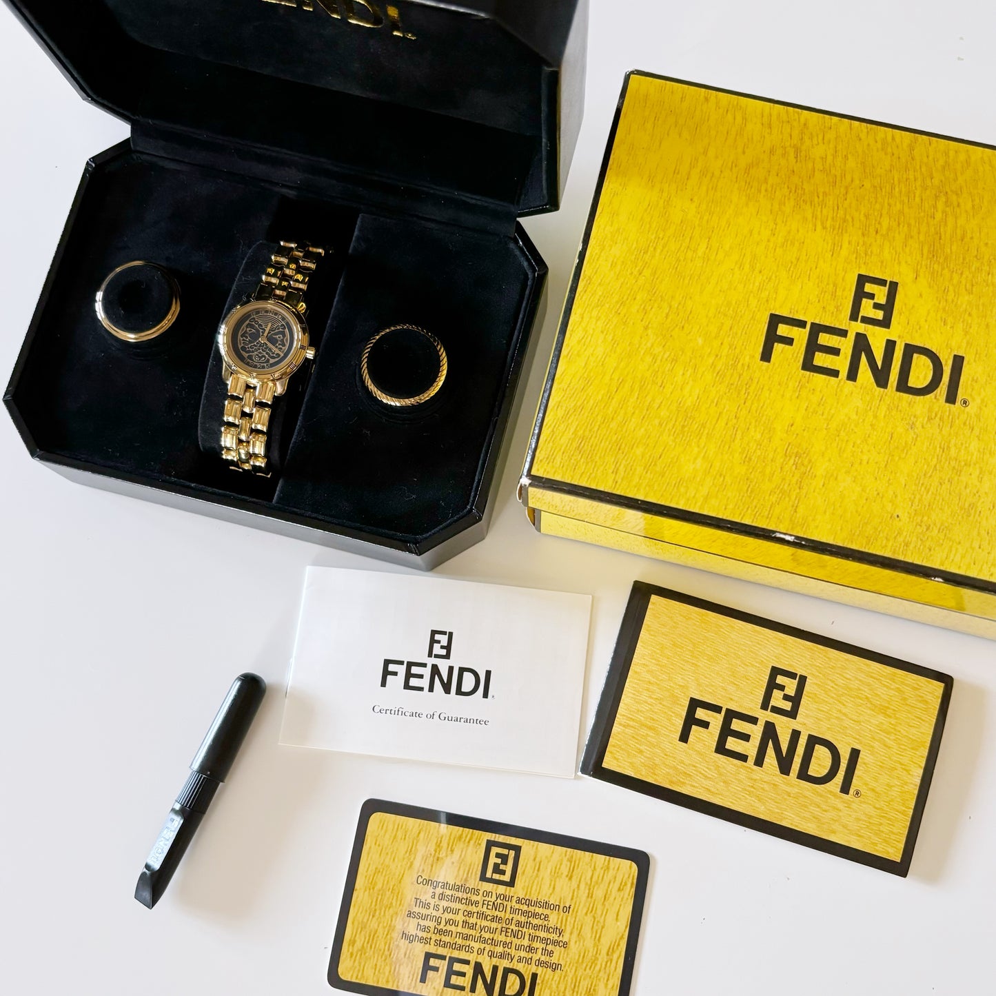 Fendi 1990s Interchangeable Bezel Round Watch with 3 bezels, box