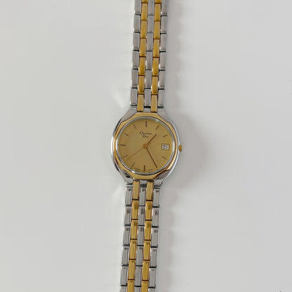 Dior 1990s Date Round Dial Gold Plated Two Tone Watch (Large)