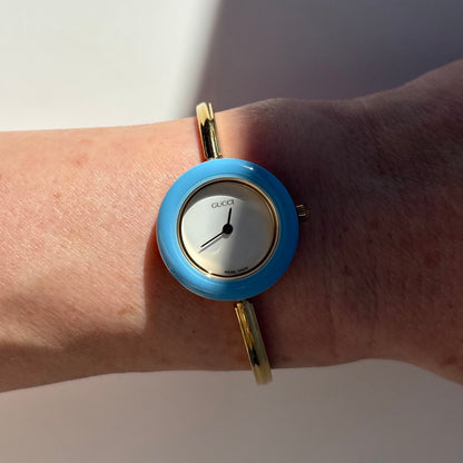 Gucci 1990s Interchangeable Bezel Gold Plated Bangle Watch with 12 bezels, case