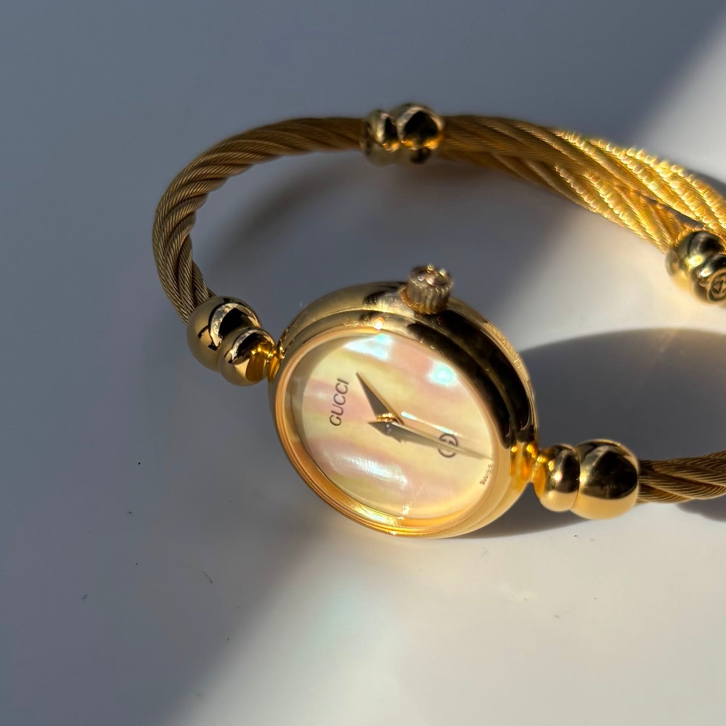 Gucci 1990s Seashell Dial Gold Plated Cable Bangle Watch