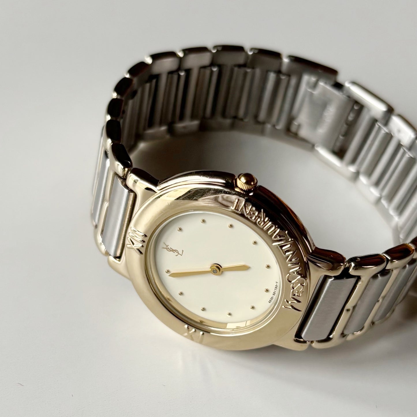 Yves Saint Laurent 1990s Cream Round Dial Two Tone Watch (Large)