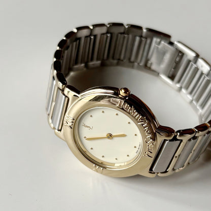 Yves Saint Laurent 1990s Cream Round Dial Two Tone Watch (Large)