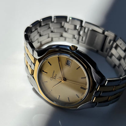 Dior 1990s Date Round Dial Gold Plated Two Tone Watch (Large)