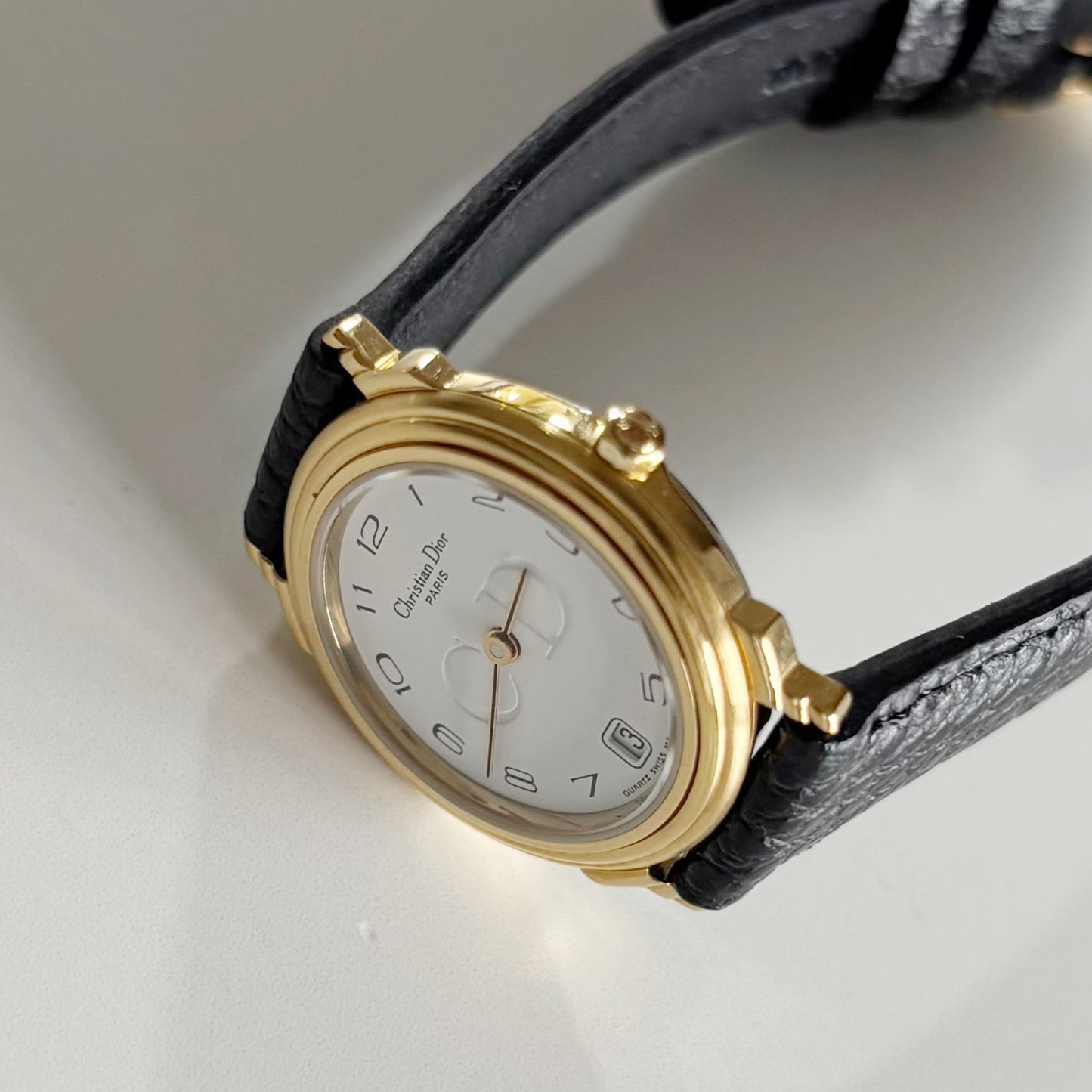 Dior 1990s Date Round Dial Gold Plated Watch