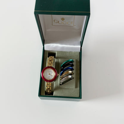 Gucci 1990s Interchangeable Bezel Gold Plated Rice Chain Watch with 6 bezels, case (165mm)