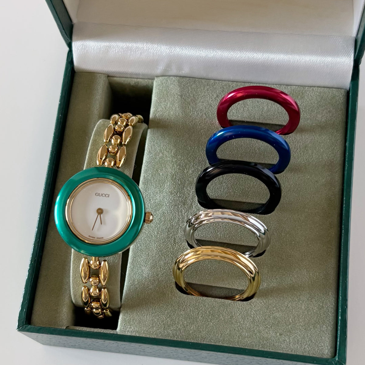 Gucci 1990s Interchangeable Bezel Gold Plated Rice Chain Watch with 6 bezels, case (160mm)
