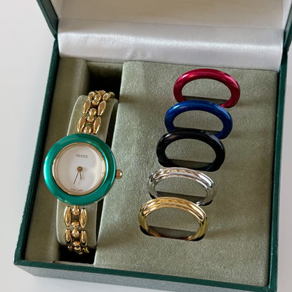 Gucci 1990s Interchangeable Bezel Gold Plated Rice Chain Watch with 6 bezels, case (160mm)