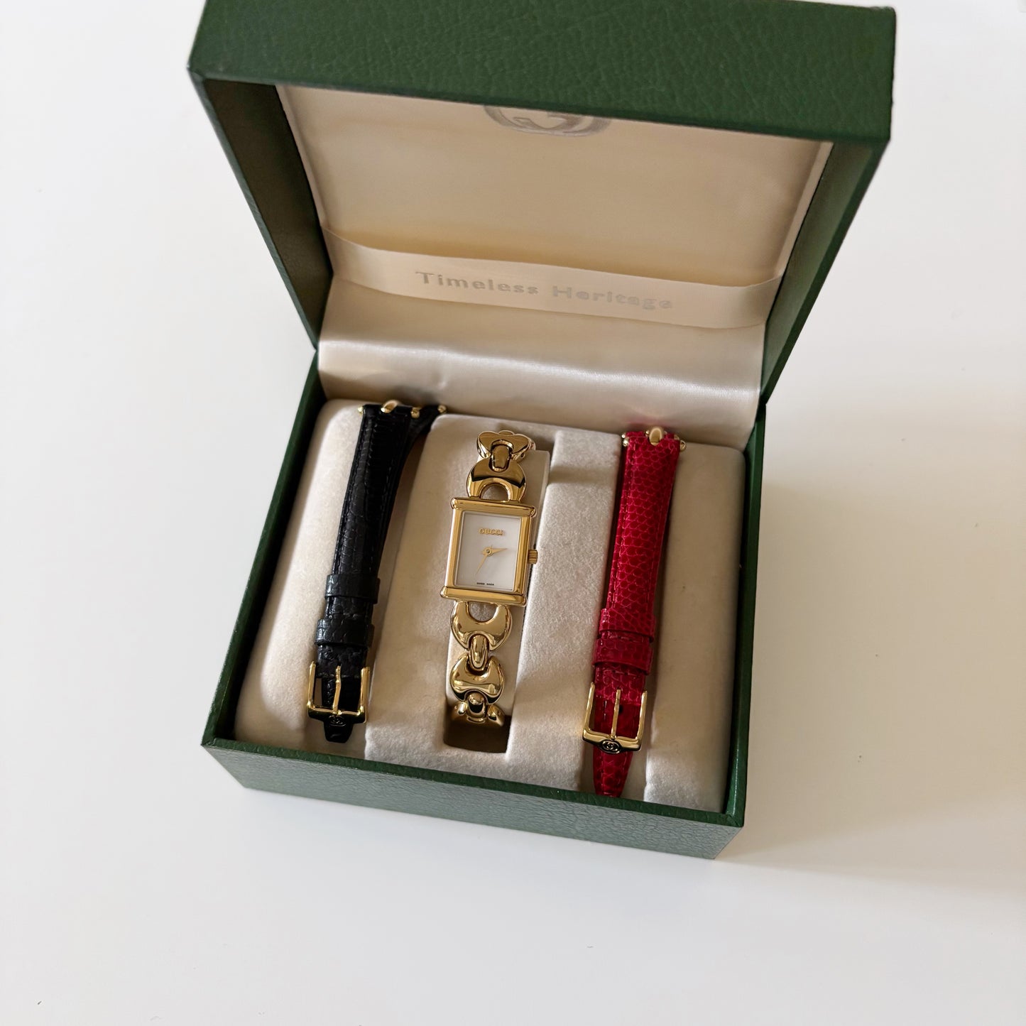 Gucci 1990s Interchangeable Belt Gold Plated Watch with 3 belt straps, case