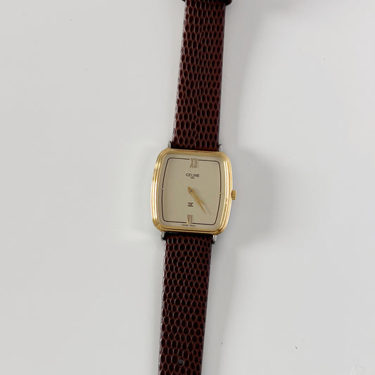 Celine 1980s Rectangular Dial Two Tone Watch (Large)