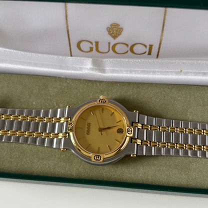 Gucci 1990s Date Round Dial Two Tone Watch (Large)