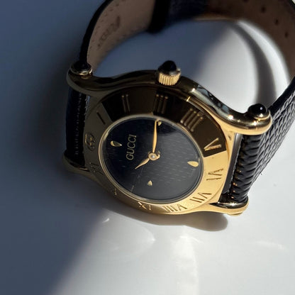 Gucci 1990s Black Dial Gold Plated Watch
