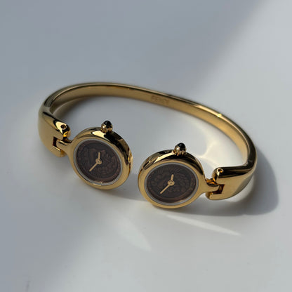 Fendi 1990s Seashell Dial Two Time Zone Gold Plated Bangle Watch