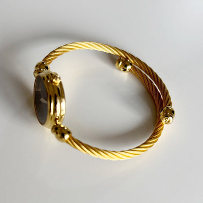 Gucci 1990s Black Dial Gold Plated Cable Band Bangle Watch