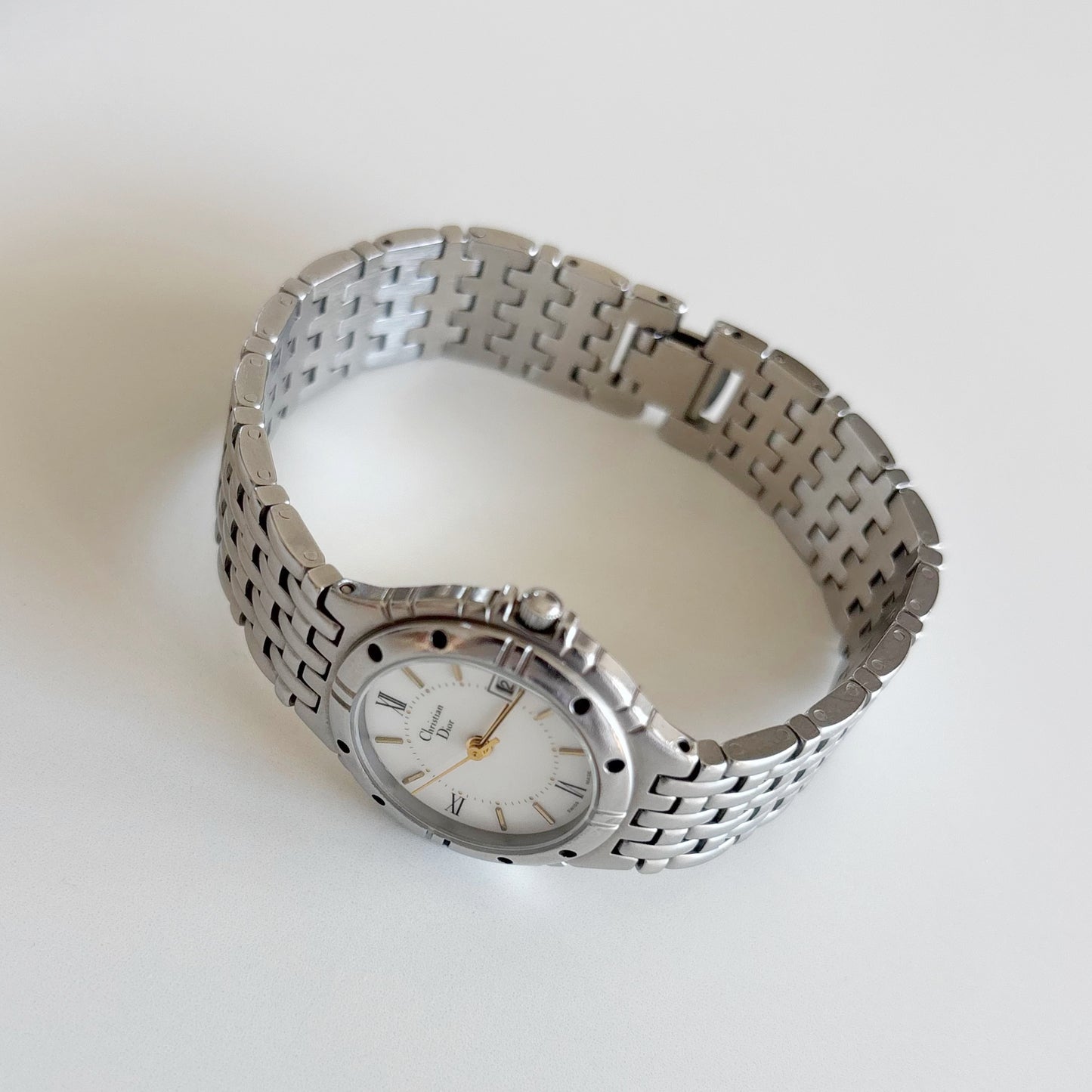 Dior 1990s Date Round Dial Silver Watch