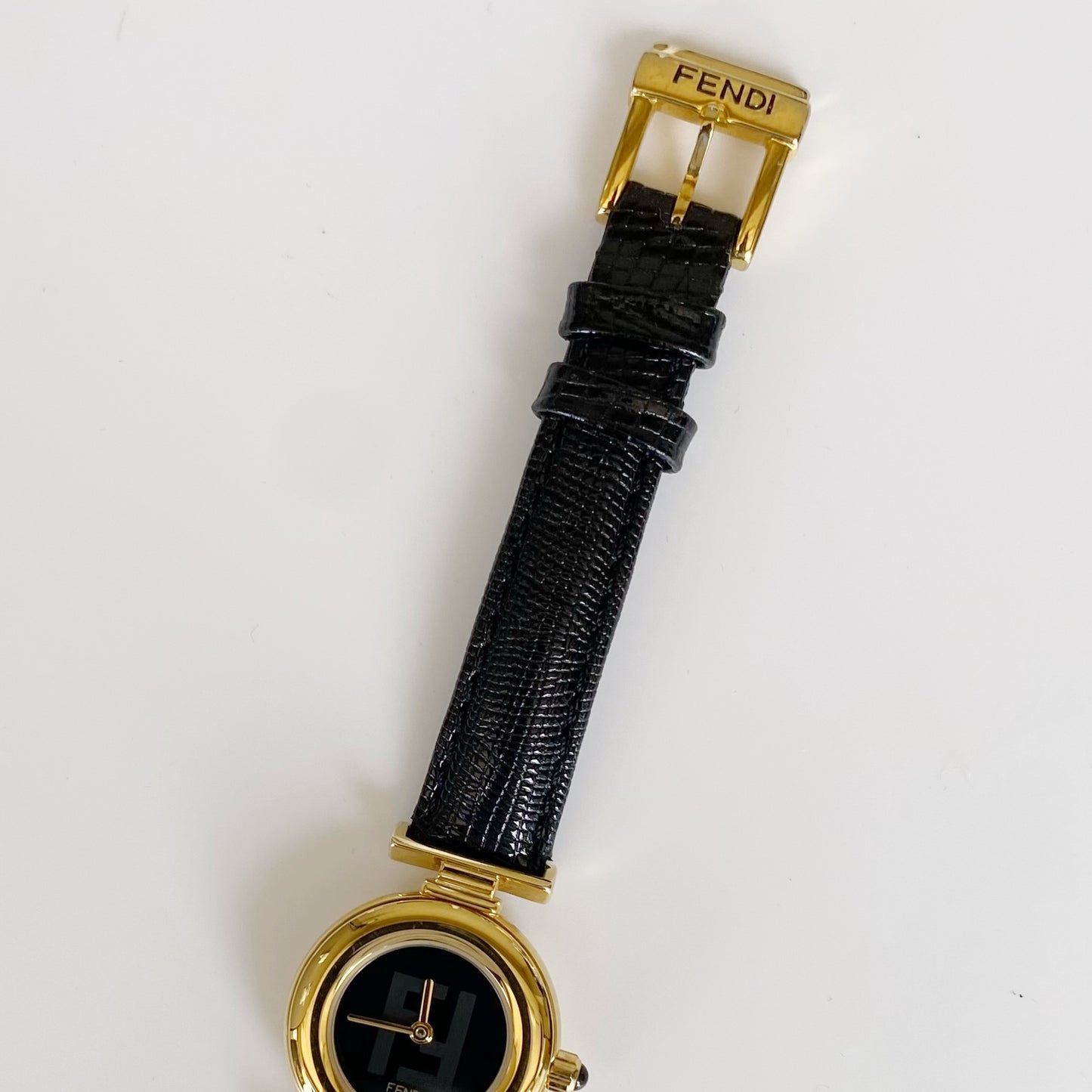 Fendi 1990s Black Dial Gold Plated Round Leather Watch