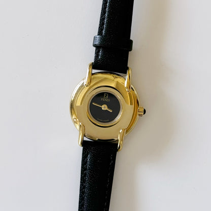 Fendi 1990s Black Dial Gold Plated Round Leather Strap Watch