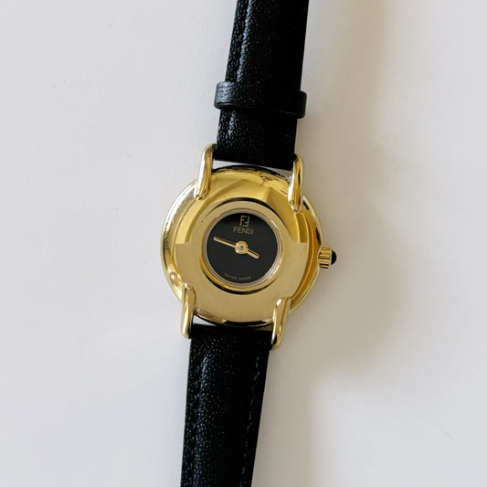 Fendi 1990s Black Dial Gold Plated Round Leather Strap Watch