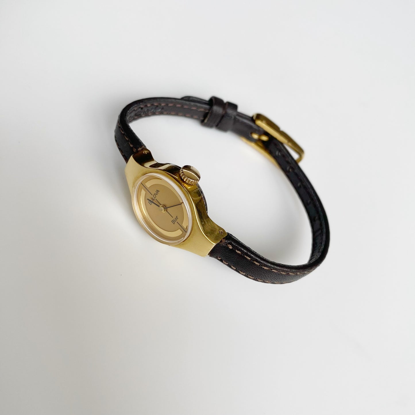 Dior x Bulova 1970s Hand-Winding Gold Plated Round Leather Watch