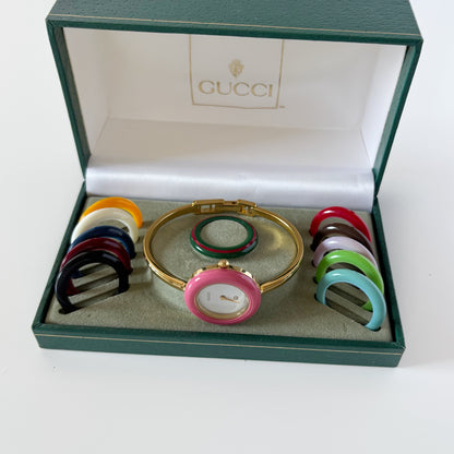 Gucci 1990s Interchangeable Bezel Gold Plated Bangle Watch with 12 bezels, case (Small)