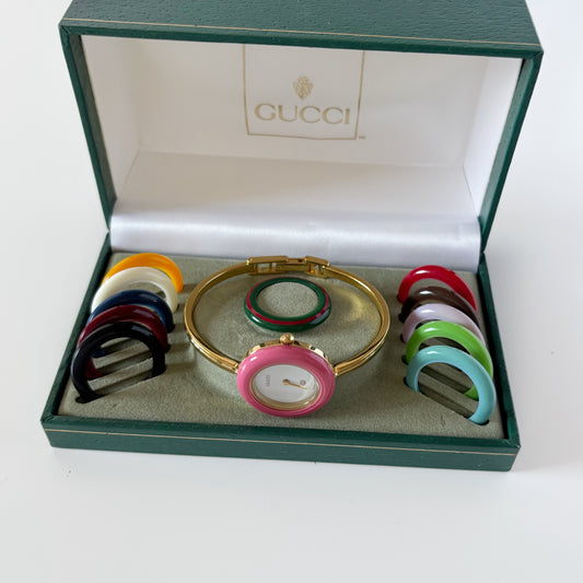 Gucci 1990s Interchangeable Bezel Gold Plated Bangle Watch with 12 bezels, case (Small)