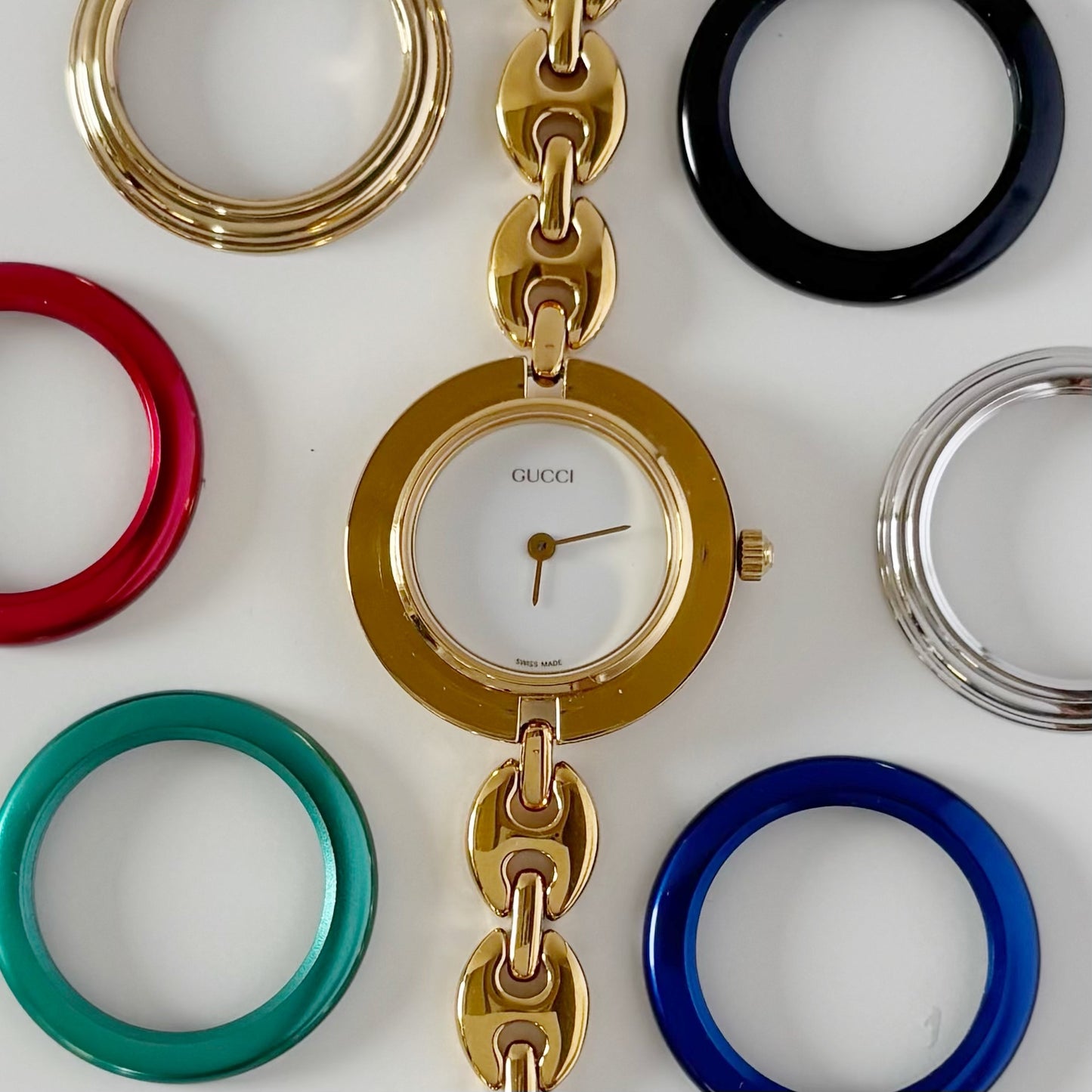 Gucci 1990s Interchangeable Bezel Gold Plated Watch with 6 bezels, case (165mm)