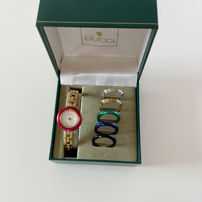 Gucci 1990s Interchangeable Bezel Gold Plated Rice Chain Watch with 6 bezels, case (160mm)