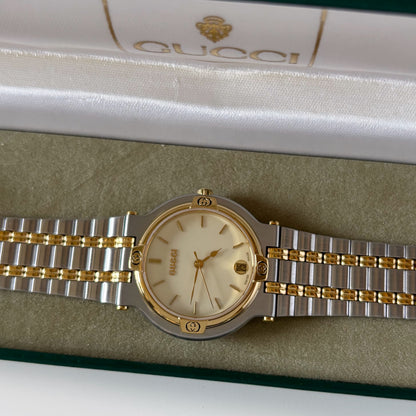 Gucci 1990s Date Round Cream Dial Two Tone Watch (Large)