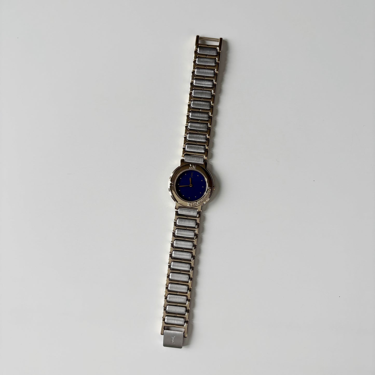 Yves Saint Laurent 1990s Navy Round Dial Two Tone Watch (Large)