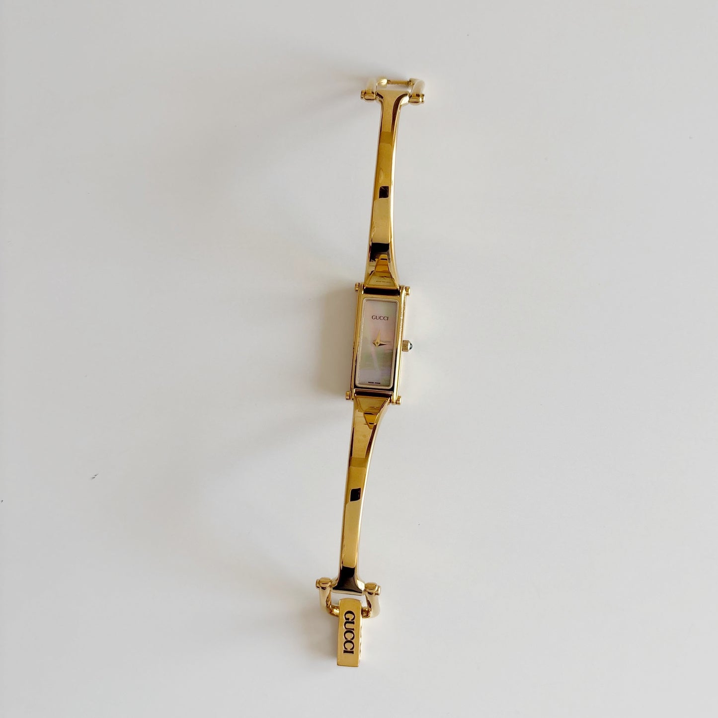 Gucci 1990s Seashell Dial Rectangular Gold Plated Bangle Watch