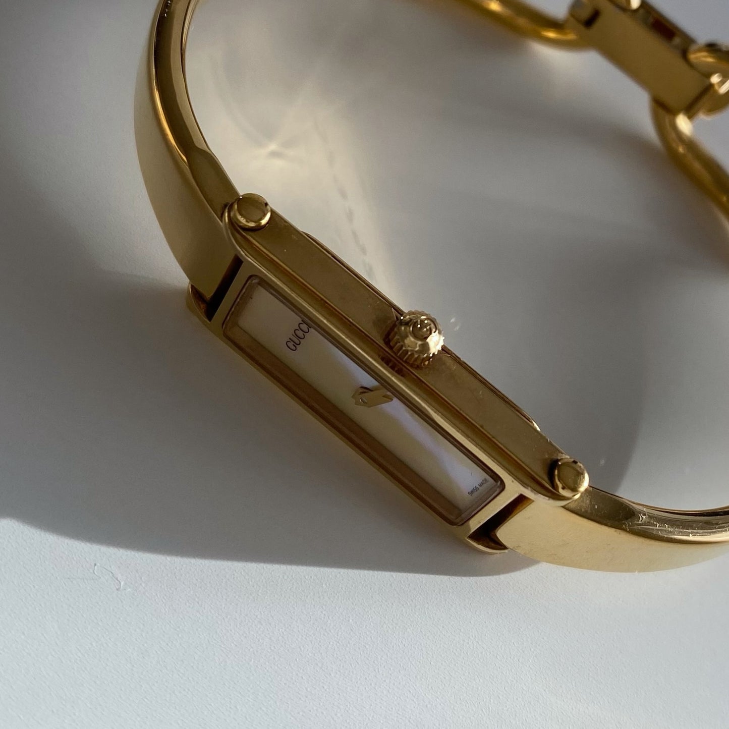 Gucci 1990s Seashell Dial Rectangular Gold Plated  Bangle Watch