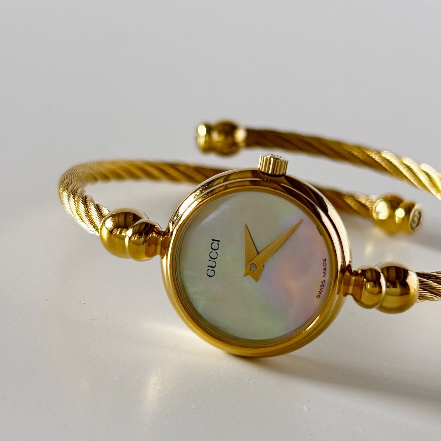 Gucci 1990s Seashell Dial Gold Plated Cable Bangle Watch
