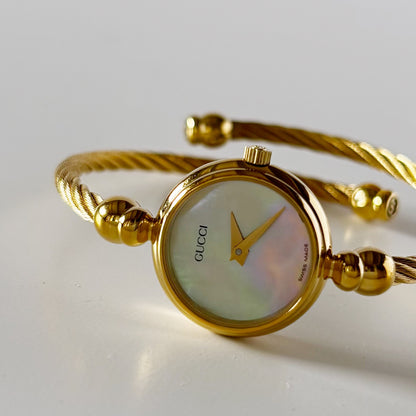 Gucci 1990s Seashell Dial Gold Plated Cable Bangle Watch