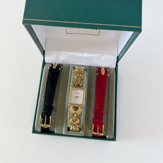 Gucci 1990s Interchangeable Belt Gold Plated Watch with 3 straps, case