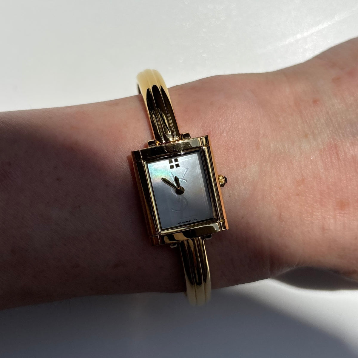 Yves Saint Laurent 1990s Seashell Dial Gold Plated Bangle Watch