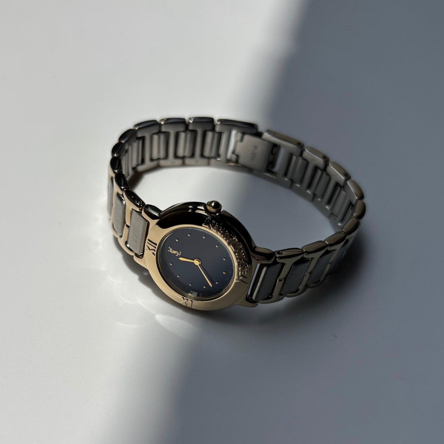 Yves Saint Laurent 1990s Navy Round Dial Two Tone Gold Plated Watch