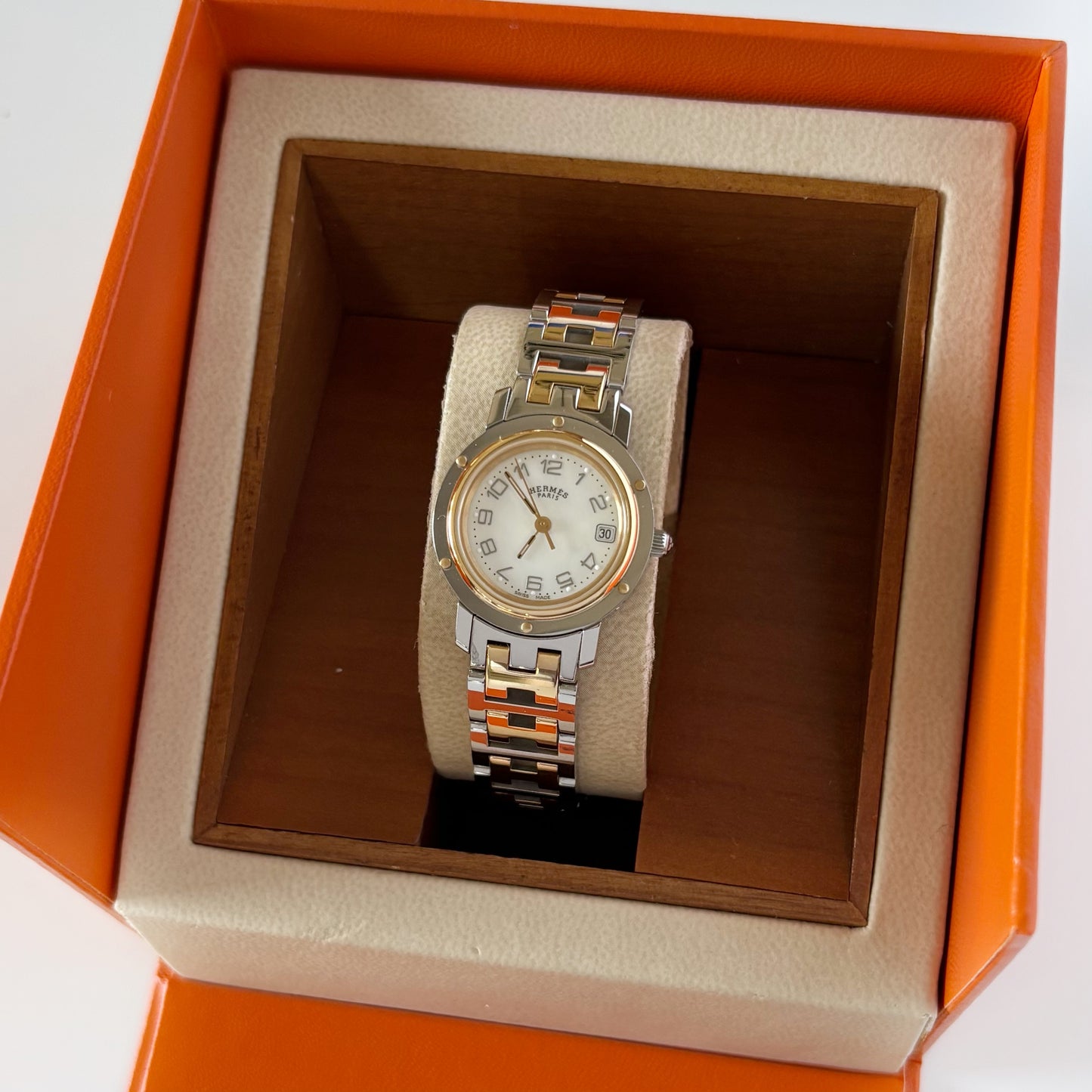Hermes Early 2000s Clipper Seashell Dial Gold Plated Two Tone Watch