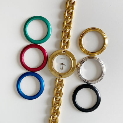 Gucci 1990s Interchangeable Bezel Gold Plated Watch with 6 bezels, case (165mm)