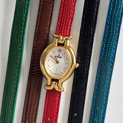 Fendi 1990s Interchangeable Strap Gold Plated Watch with 5 straps, case