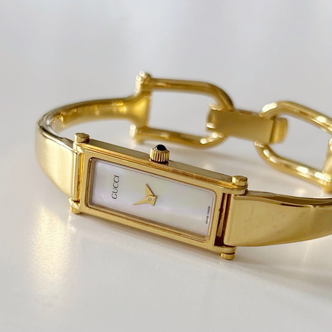 Gucci 1990s Seashell Dial Gold Plated Bangle Watch