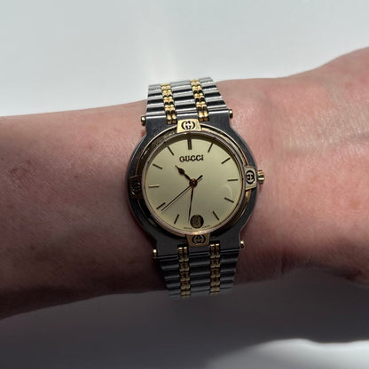 Gucci 1990s Round Dial Two Tone Gold Plated Watch (Large)