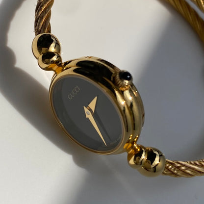 Gucci 1990s Black Dial Gold Plated Cable Bangle Watch