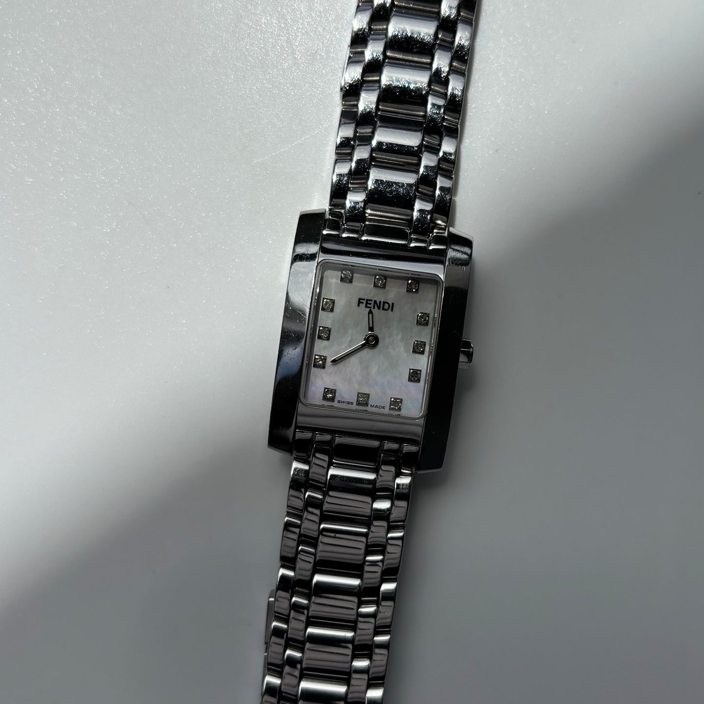 Fendi 1990s Seashell Dial Tank Silver Watch