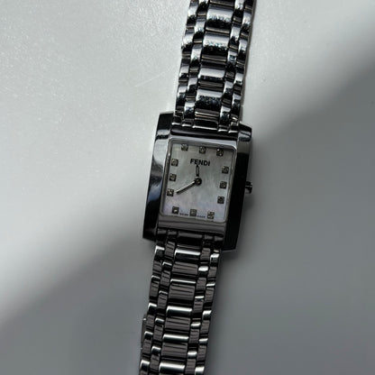 Fendi 1990s Seashell Dial Tank Silver Watch