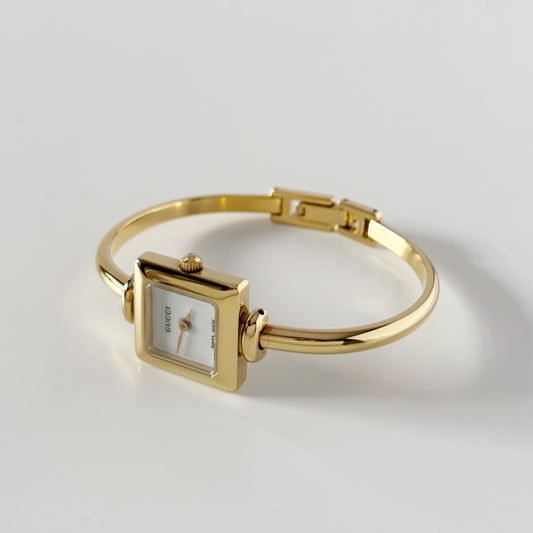 Gucci 1990s Square Dial Gold Plated Bangle Watch